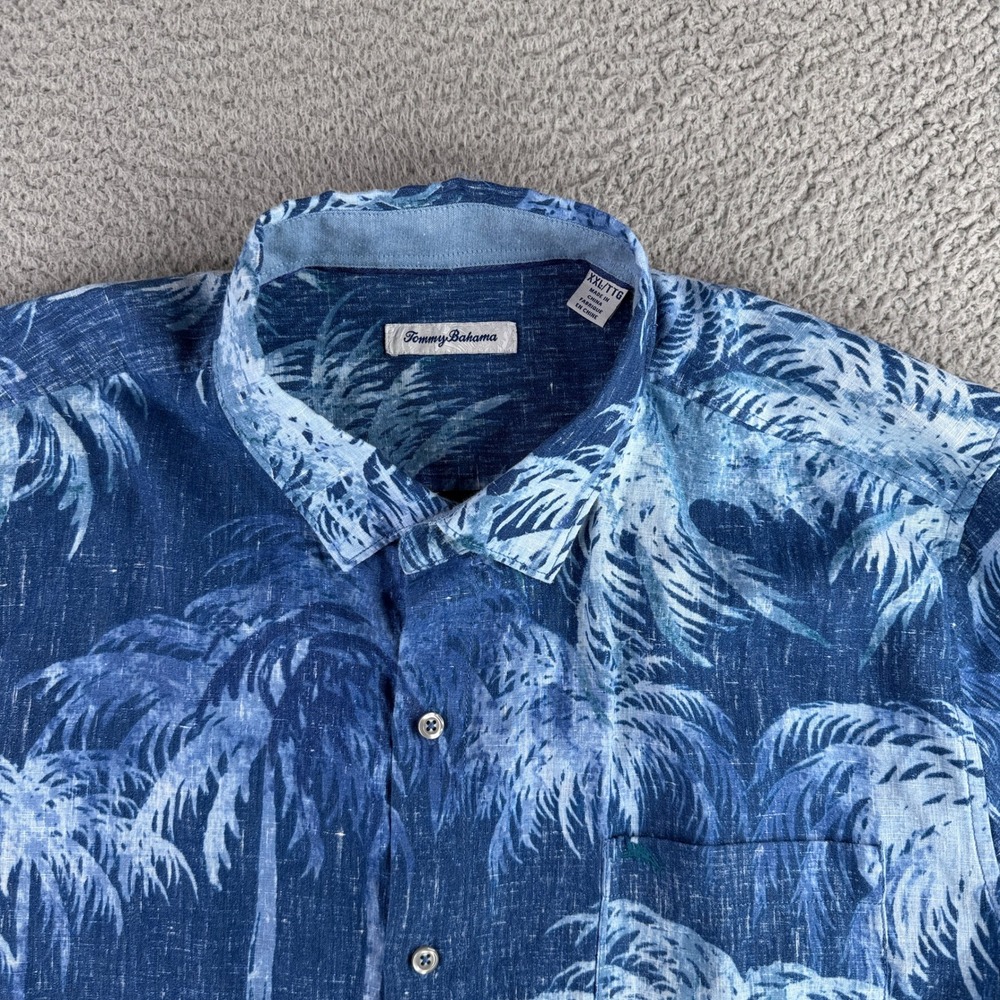Tommy Bahama Button Down Shirt Men XXL Blue Palm Tree IslandZone Linen Blend LS